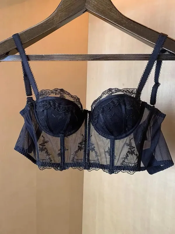 French Vintage Half Cup Lace Embroidery Longline Corset Bra Set Sexy Push‑Up Shaping Lingerie 2‑Piece Underwear Set — image 2
