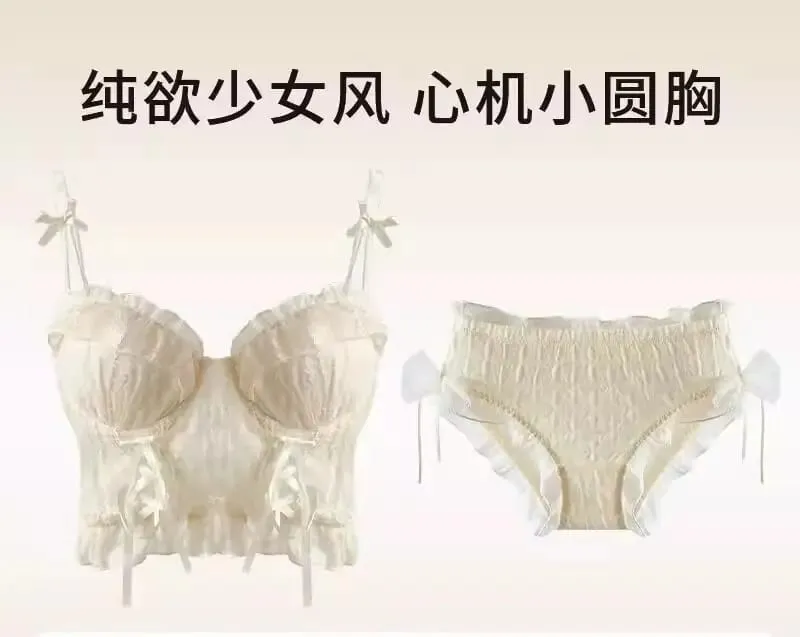 Doce plissado conjunto de sutiã de renda feminino pequeno busto push up malha cruz tiras puro suave diário lingerie macia 2 peças 32-38ab