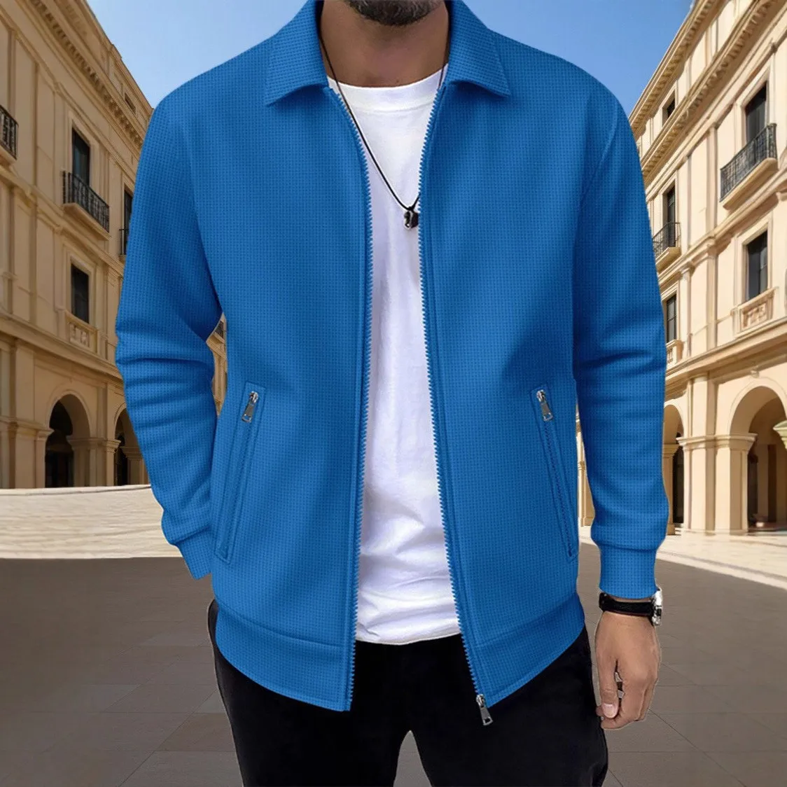 Men's 2026 Fall Long-Sleeve Waffle Knit Turned-Down Collar Jacket, Klein Blue Zipper Cardigan for a Casual Fashion Look