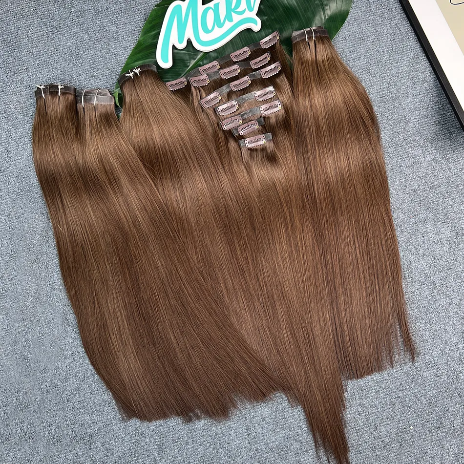 #2 Color Straight Clip ins Human Hair Extensions 100 Grams 7Pcs/Set Seamless PU Weft Clips in Vietnamese 100% Raw Virgin Hair — image 5