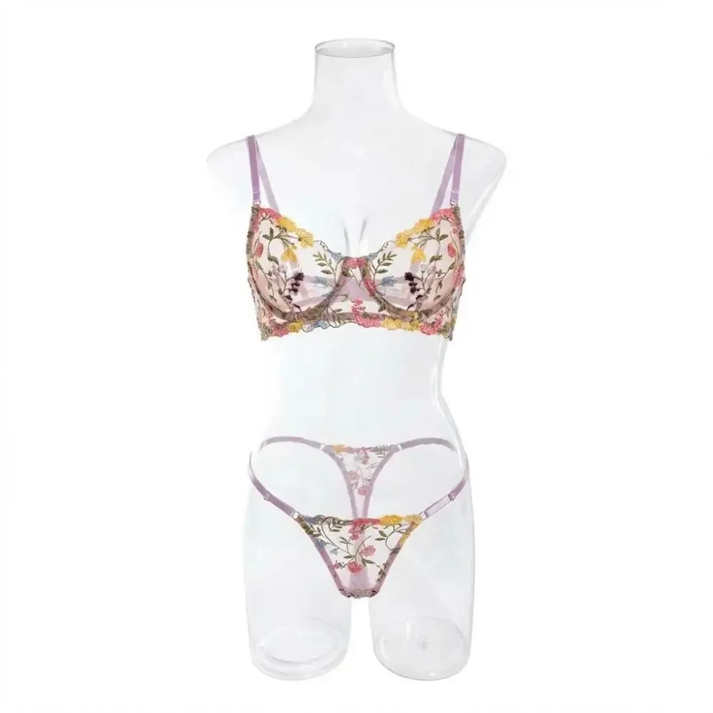 2-Piece Bohemia Floral Lingerie Set Sheer Embroidery Underwear Intimates Underwire Push-up Versatile Bra Panty Set For Lady Girl — image 3