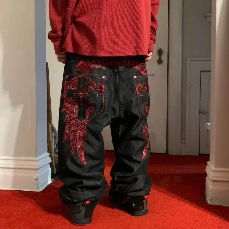 American Retro Y2K High Street Gothic Embroidered Men Black Red Pattern High Waist Jeans Street Couple Casual Pants