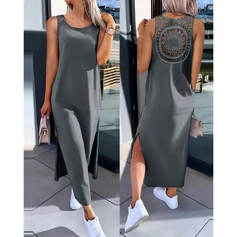 New Summer Casual Hollow Sexy Loose Dress Women Fashion Slit Sleeveless Party Dresses Women Round Neck Mid Length Ladies Dress — image 5