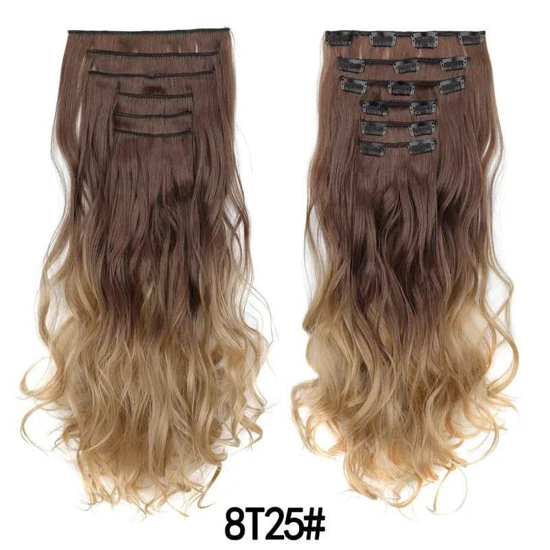 Clip in Hair Extensions 6PCS Hairpiece 20Inch Long Wavy Synthetic Thick Double Weft Hair for Women Gradient Color Daily Use
