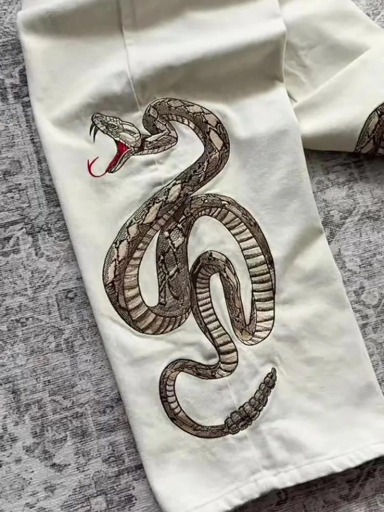 Streetwear Retro Snake Jeans Boa Embroidery Graphic Python Print Pocket Denim Pants Y2K Trend Unisex Baggy Straight Leg Pants — image 6