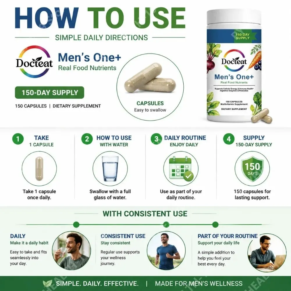 Docteat Men's One+ Real Food Nutrients Capsules with Vitamins & Minerals for Energy Immune & Digestive Support Men 150 Capsules — image 5