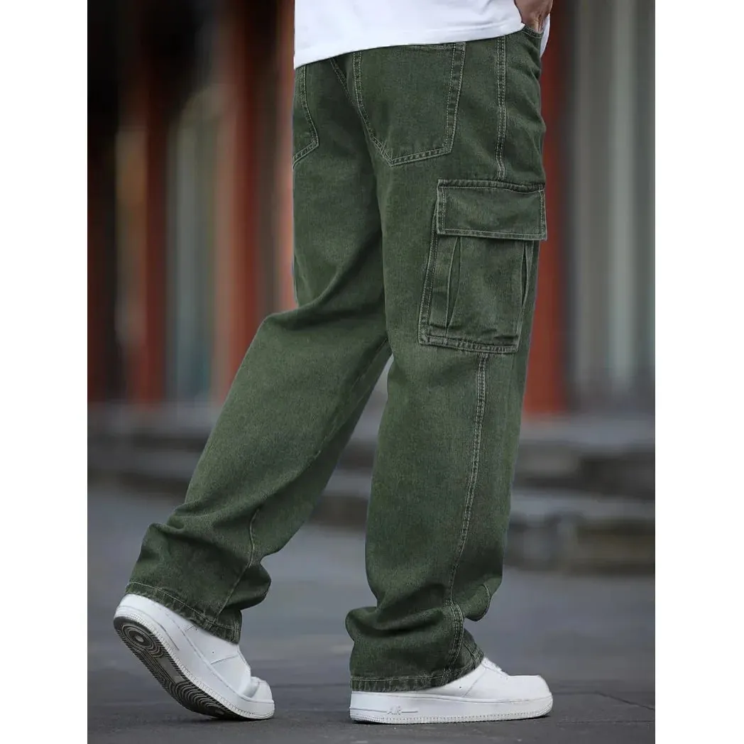 Men Baggy Cargo Jeans Retro Army Style Loose Fit Multi‑Pocket Denim Trousers Men's Casual Daily Outdoor Street Work Pants — image 13
