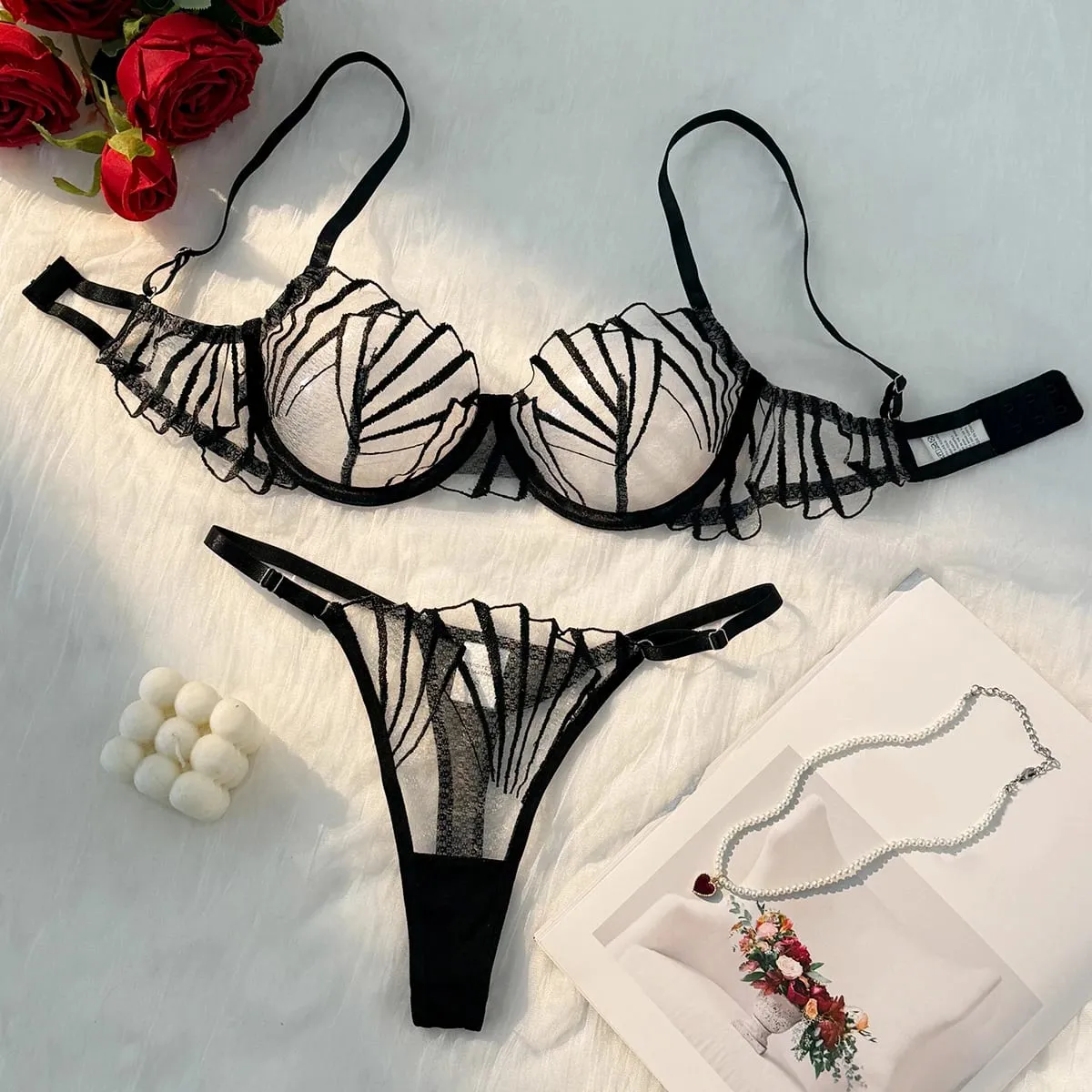 Women Black Geometric Embroidery Lingerie Set Ruffle Trim Underwire Bra Thong Sheer Mesh Stylish Intimate Underwear ZA824058