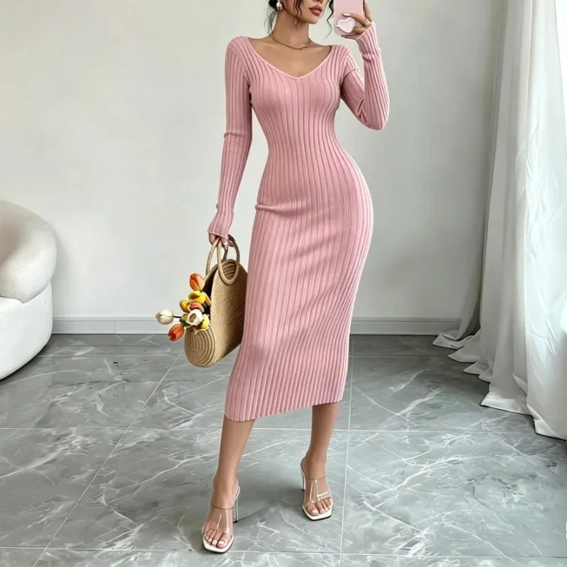 Women Solid Color V‑Neck Ribbed Knit Maxi Sweater Dress Elastic Long Sleeve Bodycon Dress Ladies Casual Party Fashion Dresses — image 9