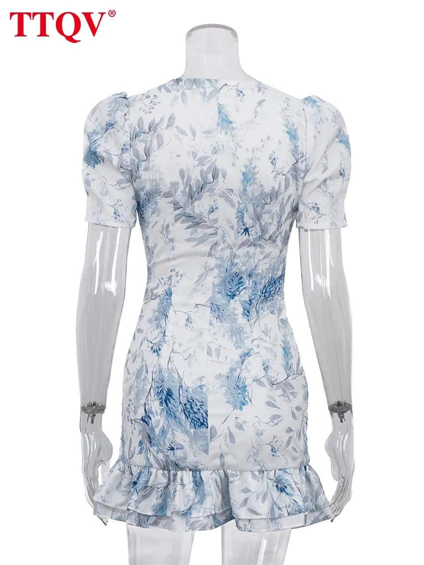 Sexy Slim Print Women's Dress 2026 Summer V-Neck Short Sleeve Mini Dresses Elegant Classic Ruffles Female Dress Streetwear — image 6