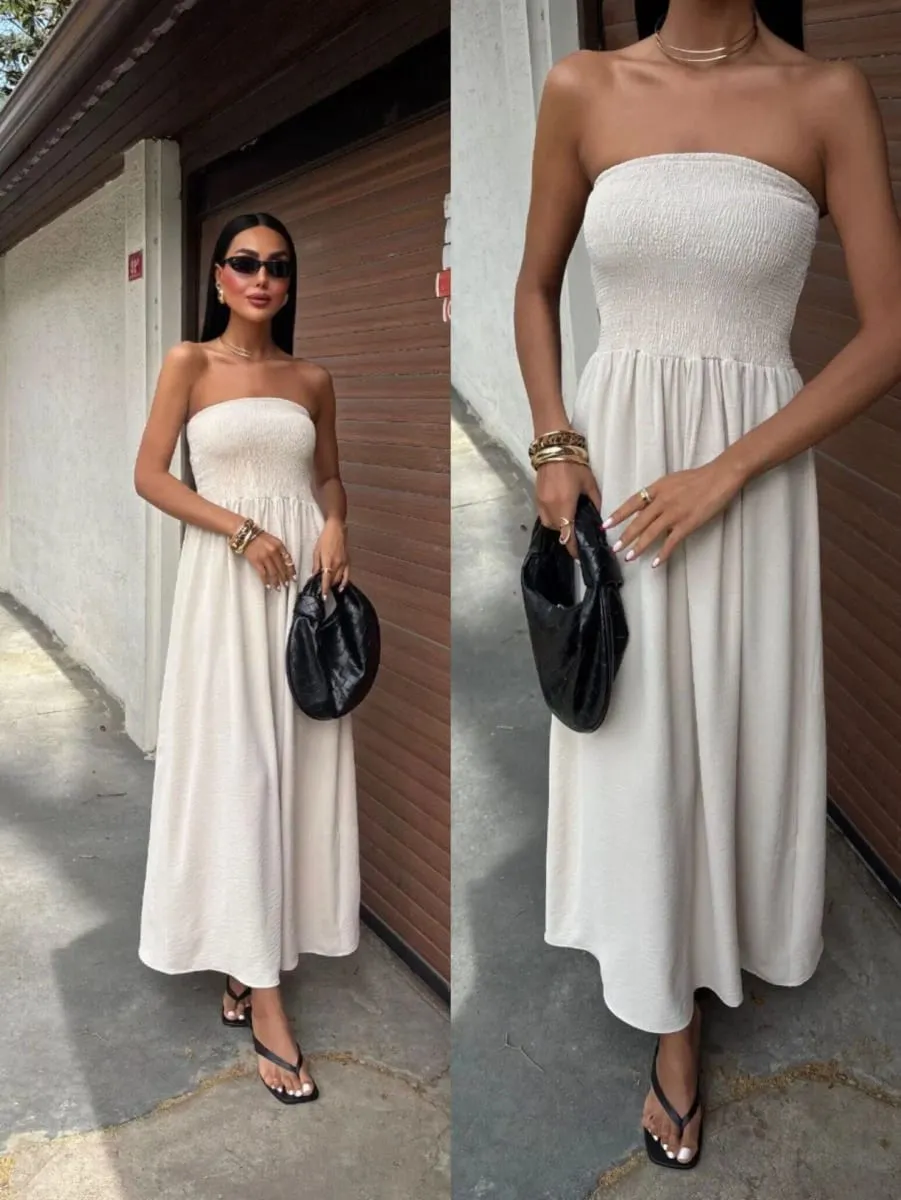 2026 New Summer Fashion Solid Color Off-Shoulder Strapless Waist-Cinching Long Dress for Women — image 3