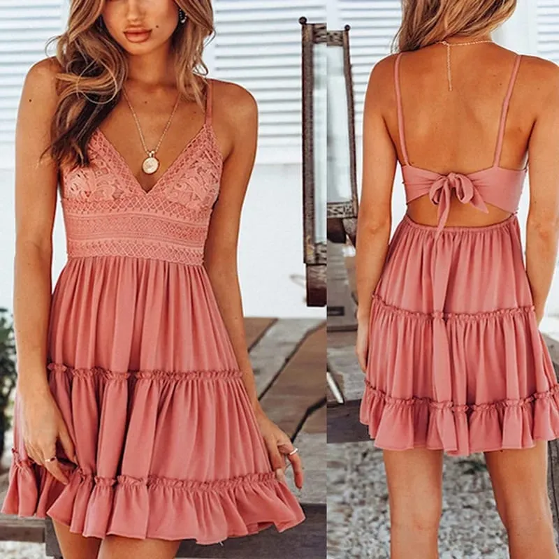 Sexy Lace Dresses Women Spaghetti Strap White Dress Summer Beach Mini Party Dress A-line V-neck Bohe Open Back Pleated Dress — image 4