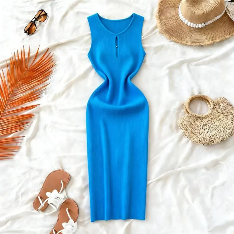 Women's Solid Summer Blue Pink Midi Dress Sleeveless Stretchy Knit Ribbed Keyhole Cutout Bodycon Sundress Party Vacation Dress — image 5