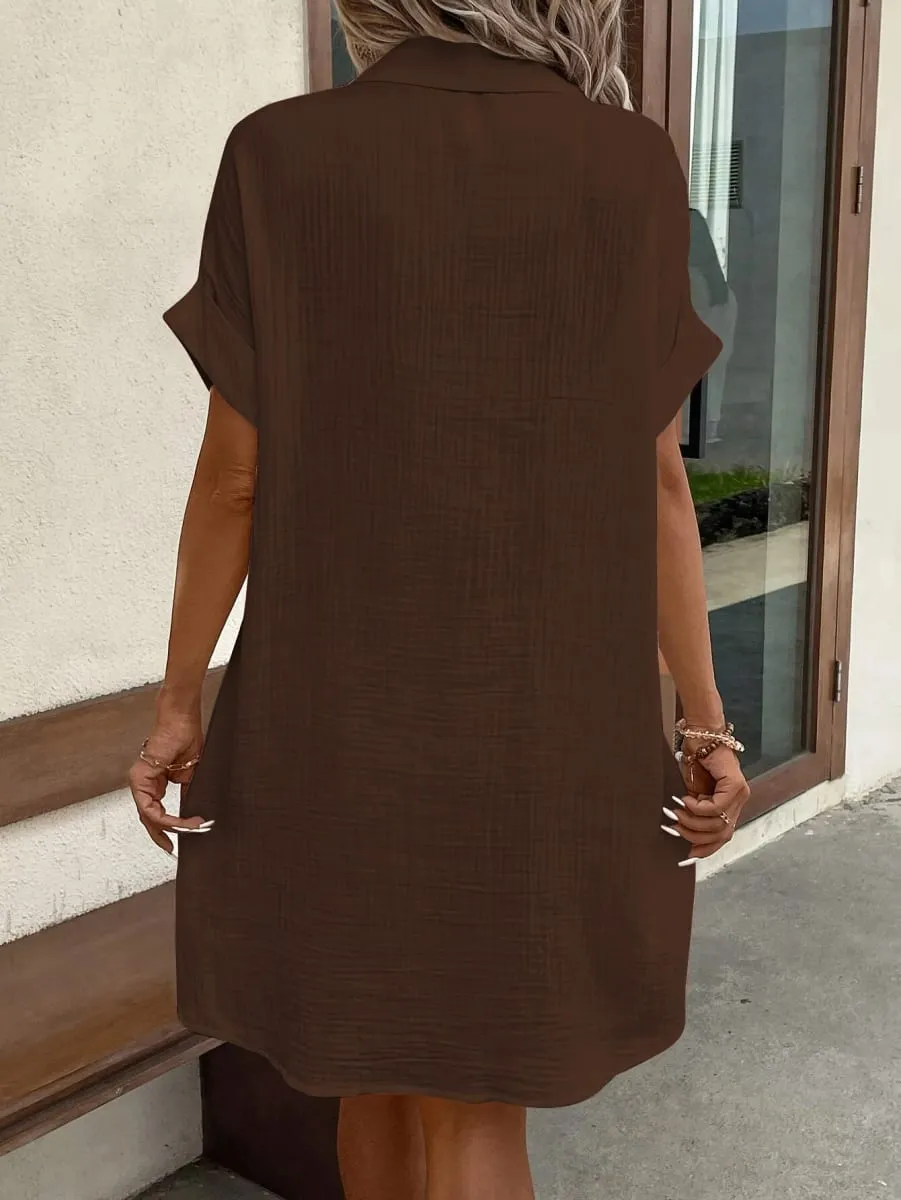 1 Solid-Color Collar Short-Sleeve Women's Dress with a Single Row of Buttons Simple and Convenient Pocket Design. — image 3