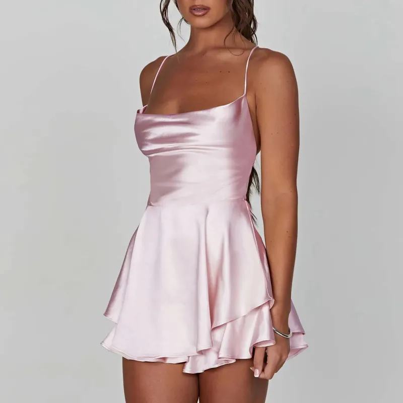 Satin Silk Women Sexy Cami Playsuits Dress Solid Cowl Neck Sleeveless Short Jumpsuits Summer Cross Tie-Up Backless Romper — image 8