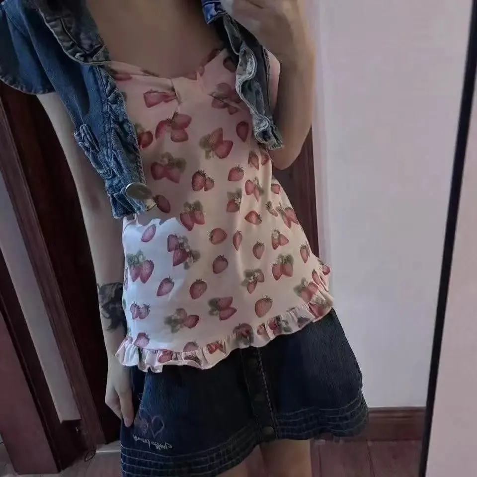 Cute Women Spaghetti Strap Tank Top Strawberry Pattern Bow Ornament Ruffle Hem Slim Sweet Cottagecore Daily Cami Top — image 3