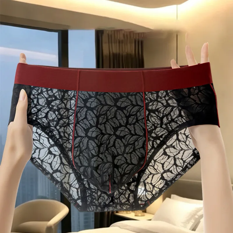 Biancheria intima da uomo ultrasottile in seta di ghiaccio da uomo, mutandine traspiranti in pizzo jacquard senza cuciture, custodia rigonfiante 3D, lingerie in rete trasparente — image 7