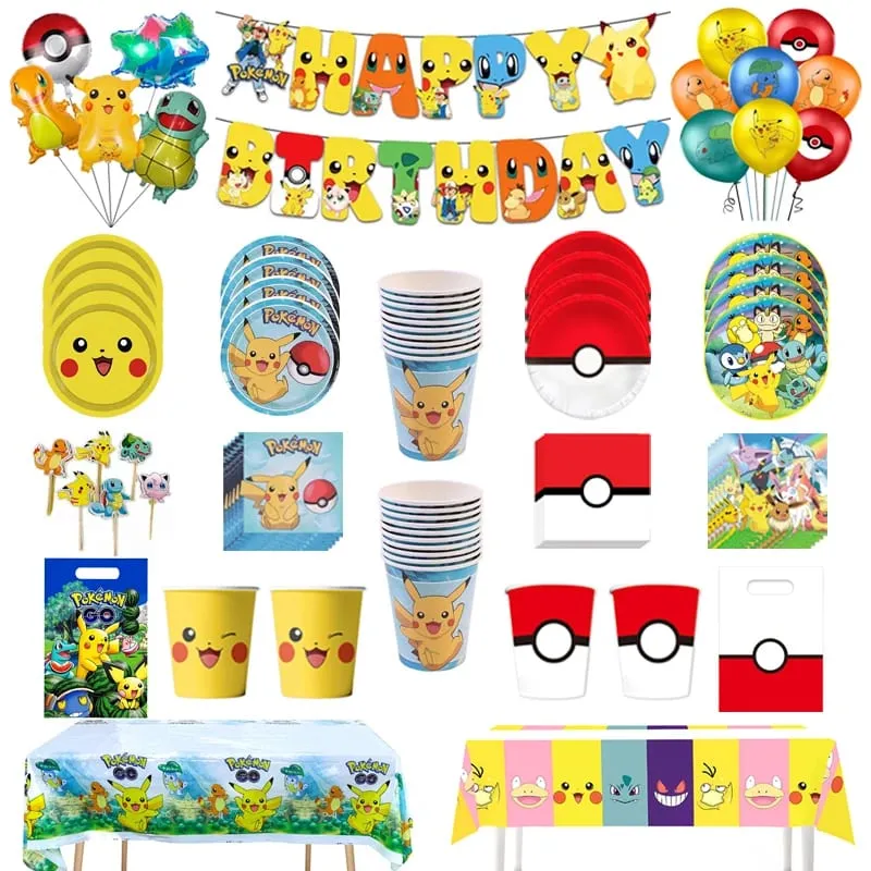 Pokemon Birthday Party Decoration Pikachu Disposable Tableware Cup Napkin Plate Tablecloth Baby Shower Cake Topper Flag Balloons — image 1