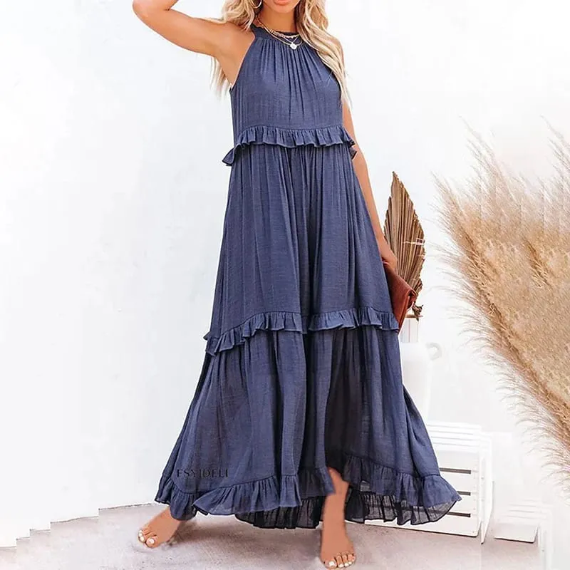 Women Casual Solid Ruffles Long Dress Summer Elegant Sleeveless Sundress Elegant Harajuku Maxi Dress Beach Party Evening Vestido — image 16