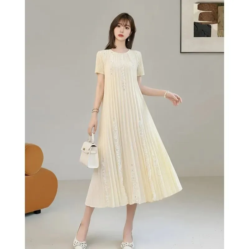 Miyake Pleated Elegant Dresses Women 2026 Summer New Vacation Solid Color Dress Loose Pleats Short Sleeve Plus Size Fold Dress
