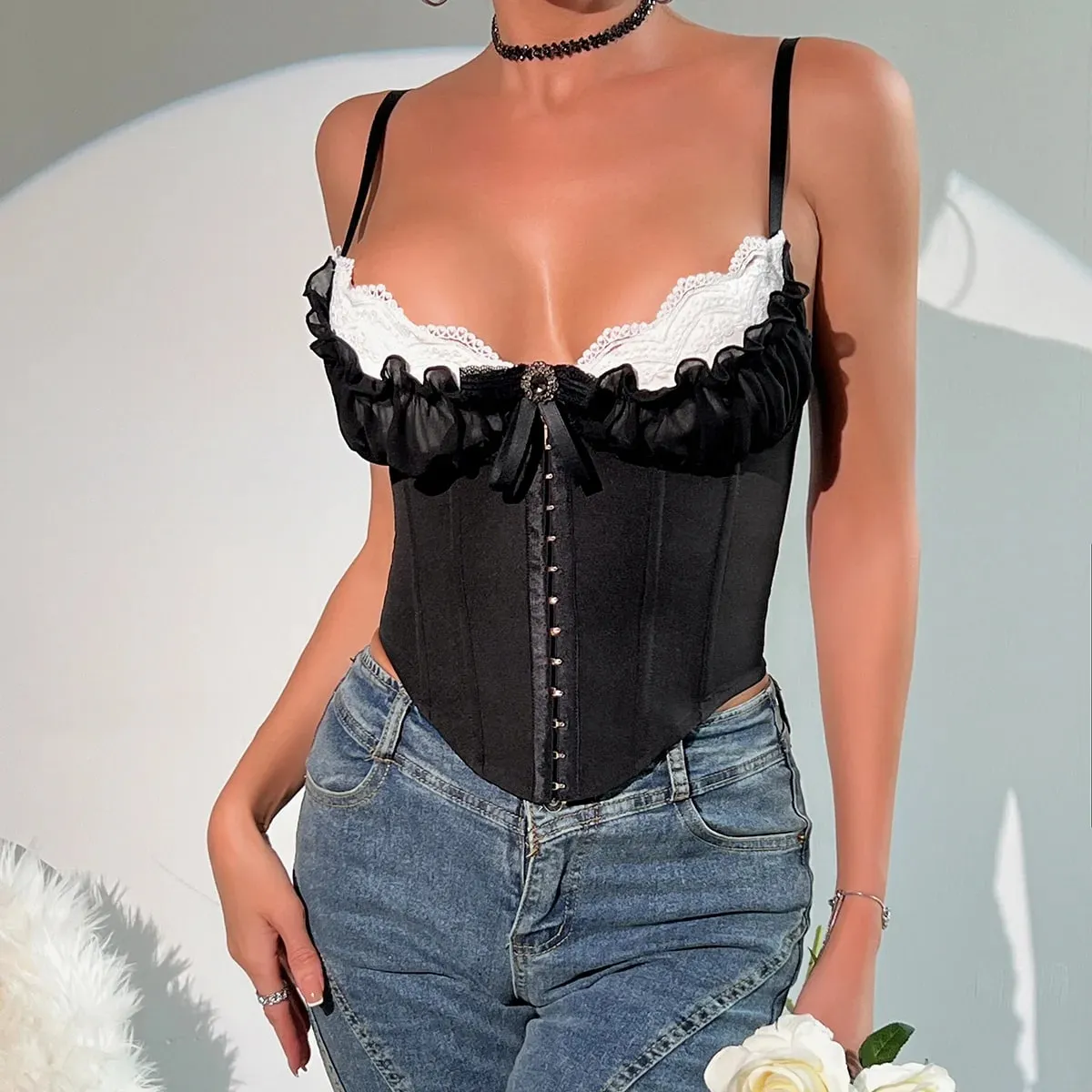 Sexy topy s výstřihem do V Y2K Crop Tops Krajka Patchwork Skládaný korzet s mašlí Sexy štíhlá košilka bez zad Tvar těla Rybí kost Prsatější