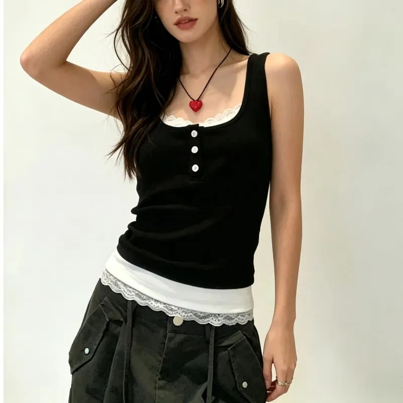 Women Fake Two Piece Lace Trim Tank Tops With Built-in Bra Pads Ribbed Viscose Sleeveless Camisole Slim Fit Crop Vest A6493 — image 6