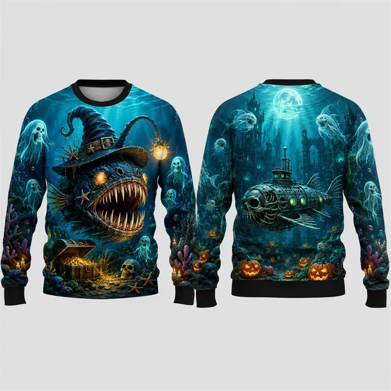 Pumpkin Ghost Graffiti Sweatshirt Halloween Mens 3D Print Polyester Crew Neck Long Sleeve Hip Hop Fashion Pullover Oversized Fit — image 2