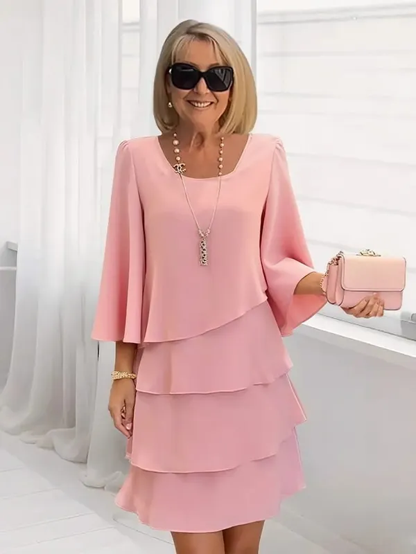 Women's Fashion Cake Skirt 3/4 Bell Sleeve Crewneck Tiered Layered Flowy Dress Party Wedding Outfits — image 2