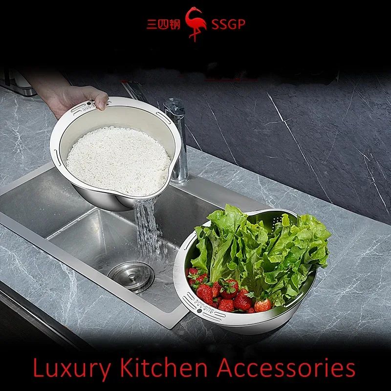 LFGB Certification Pure 316 Stainless Steel Kitchen Washing Basin 99.9% Anti-bacterial Vegetable Fruit Washer with Strainer — image 6