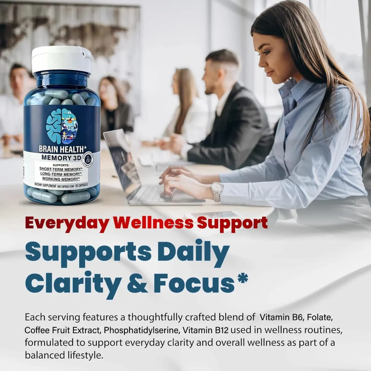 Memory 3D Brain Supplements for Memory and Focus Vitamin B12 & B6 Folic Acid 50 Count Capsules — image 4