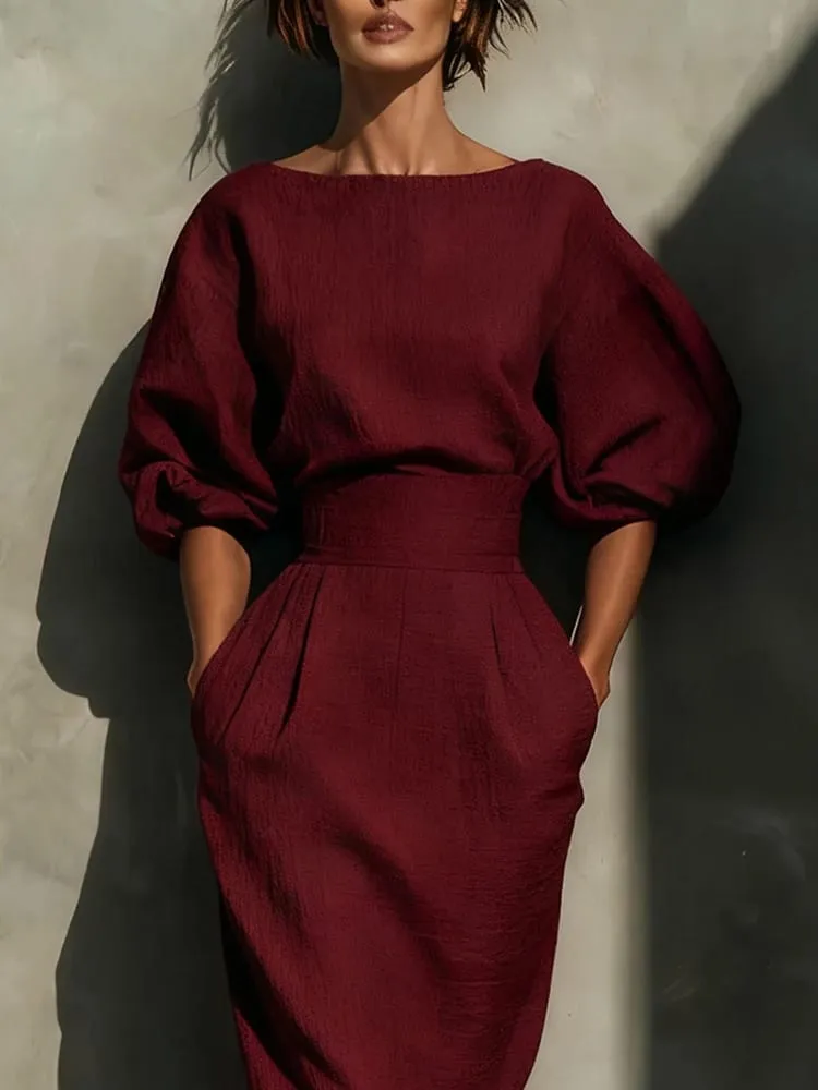 Elegant Fashion Solid Party A-lien Dress Casual O-neck Lantern Sleeve Pocket Dress Temperament High Waist Pleated Wrap Hip Dress — image 4