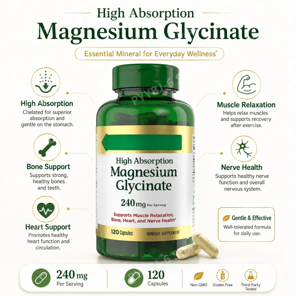 Magnesium Glycinate Capsules High Absorption Supports Muscle Relaxation Supports Bone Health 120 Capsules for Adults — image 3
