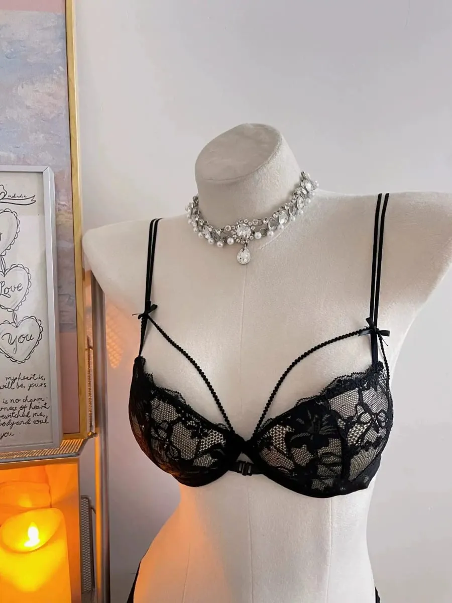 Minimal Coquette Lace Front Clasp Bra & Set Wirefree Thin Straps Beauty Back Side Wrap Support Small Bust Curvy Light Intimates