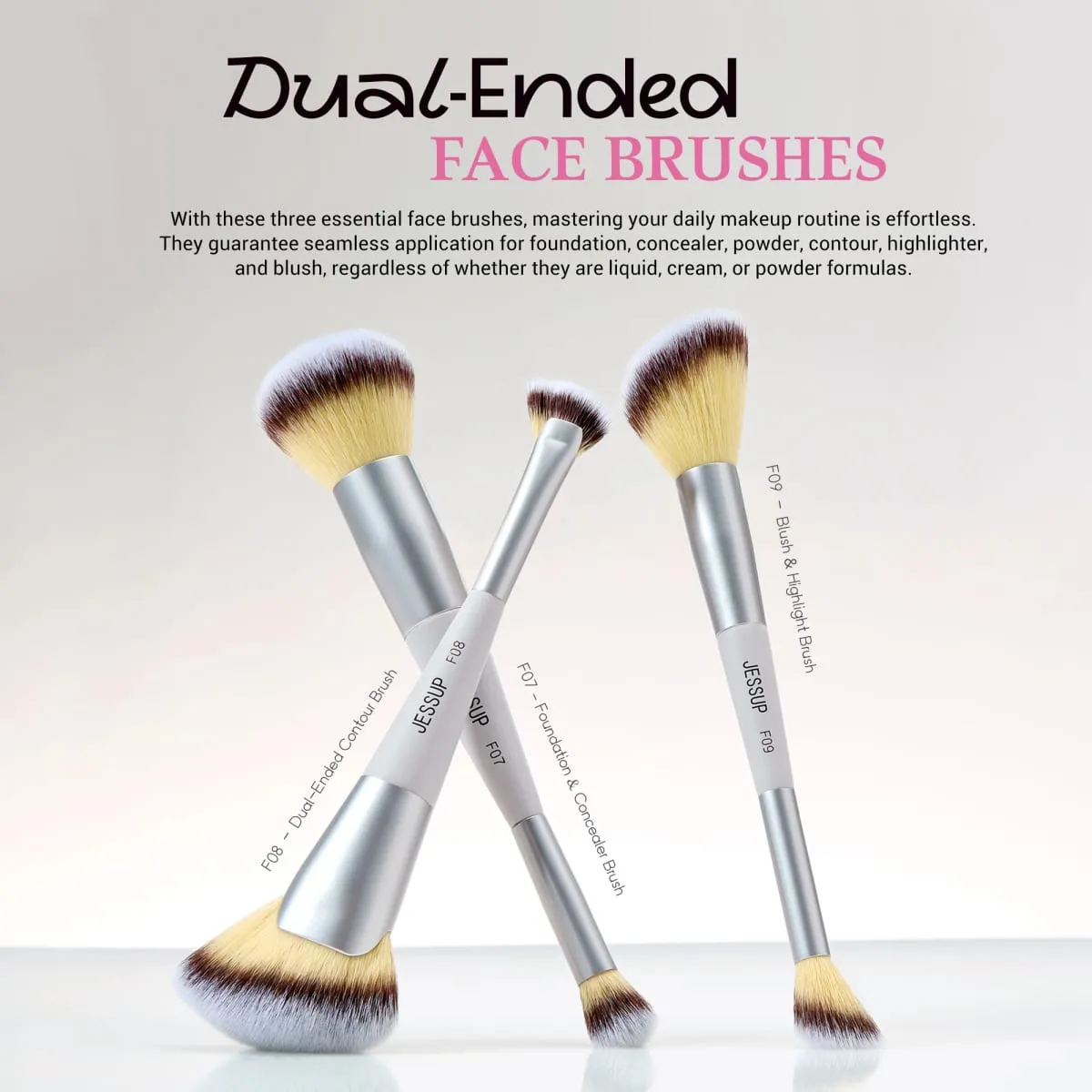 Jessup Juego de brochas de maquillaje, 3/7 Uds., base sintética de doble punta, colorete, resaltado, mezcla de brochas para cejas con bolsa, gris silencioso T520