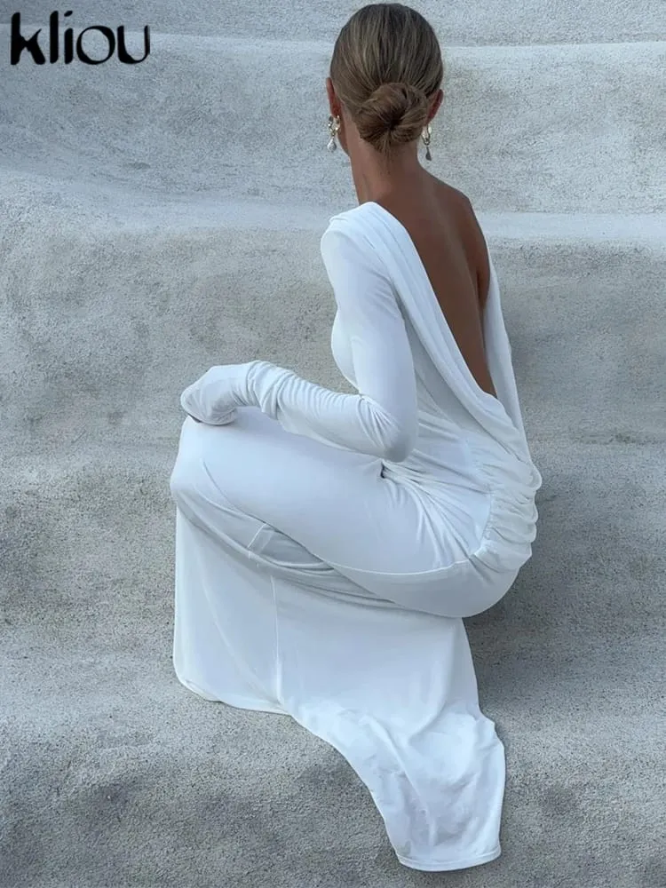 kliou Solid Elegant Women Maxi Dress Simple Fall Classic Trend Full Sleeve Swinging Backless Sheath Vestidos Mujer Evening Robe — image 2