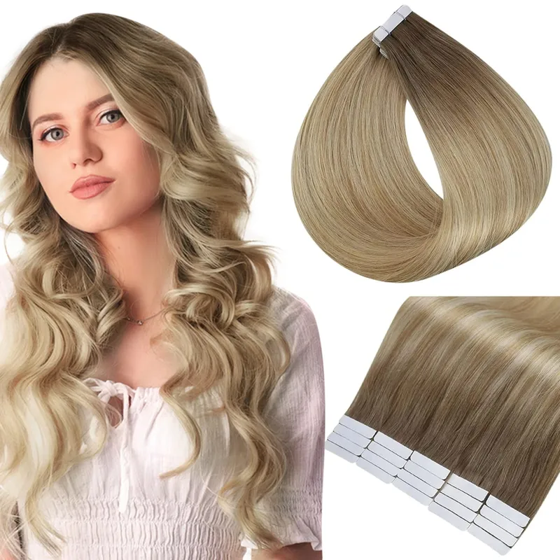 Full Shine Tape in Hair Extensions Human Hair Seamless Silky Straight Skin Weft 20Pcs 50G Add Length for Wedding
