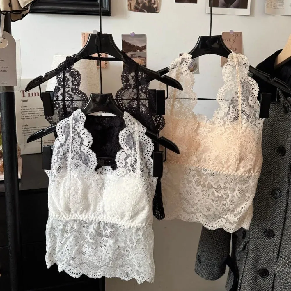 Chest Cushion Top Mesh Flower Lace Camisole Sleeveless Transparent Lace Crop Tops Bottoming Shirt Halter Neck Camisole Ladies — image 4