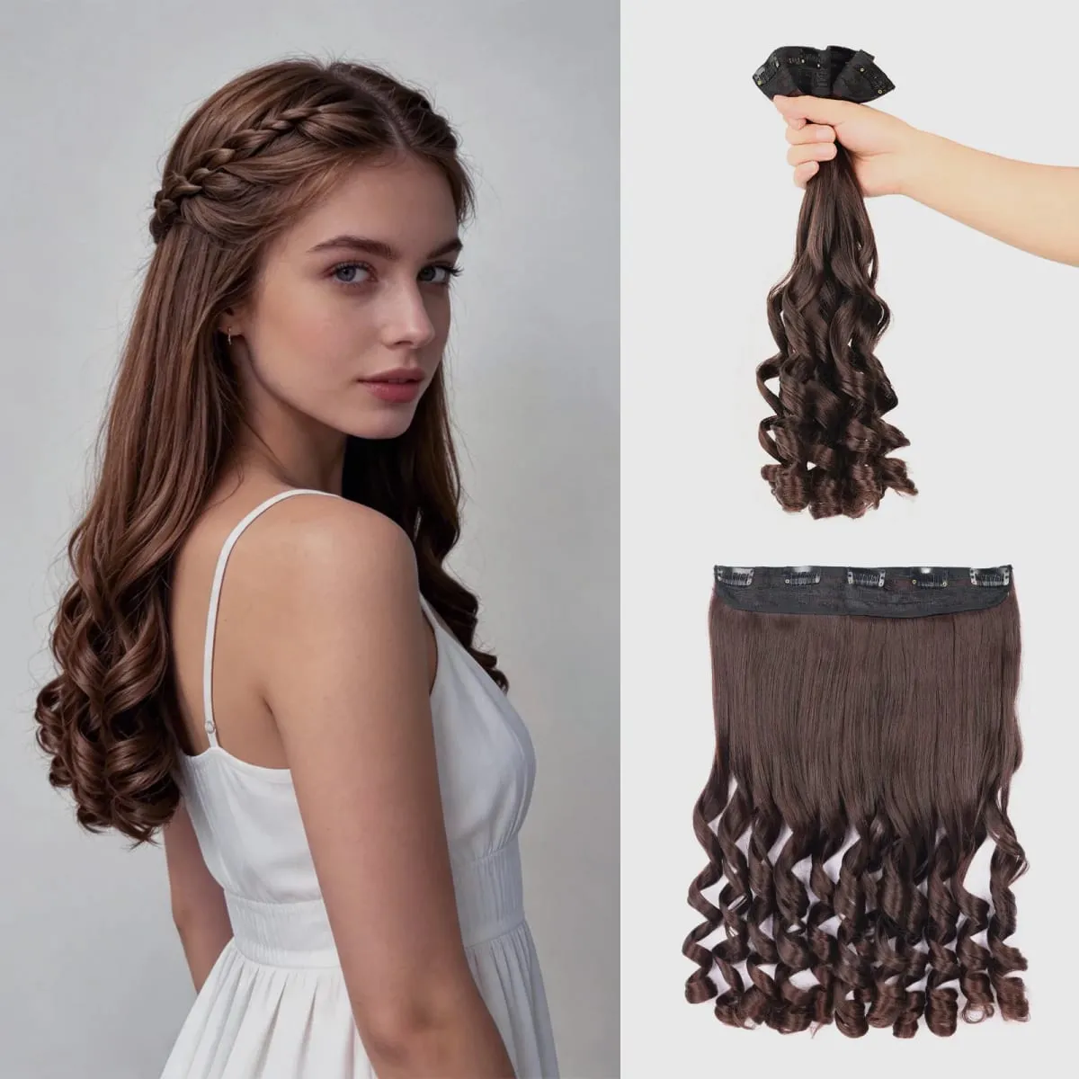 Synthetic Clip in One Piece Hair Extensions 5 Clips in one piece false hair 16inch French curl Style for women girls Daily Party