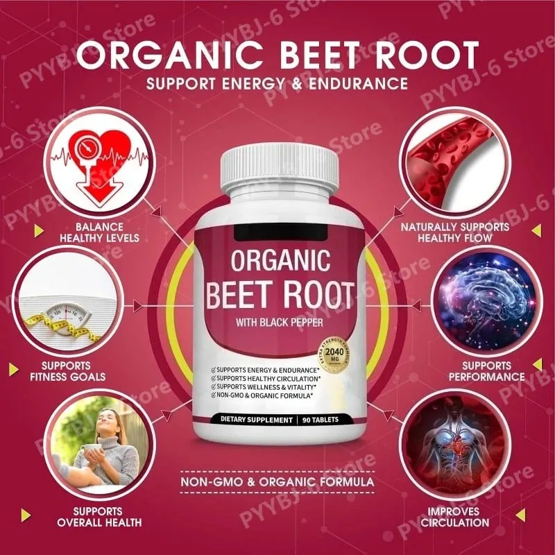 Organic Beet Root with Black Pepper Natural Energy Boost Immune Support Antioxidant Supplement Non-GMO Gluten Free 90 Tablets
