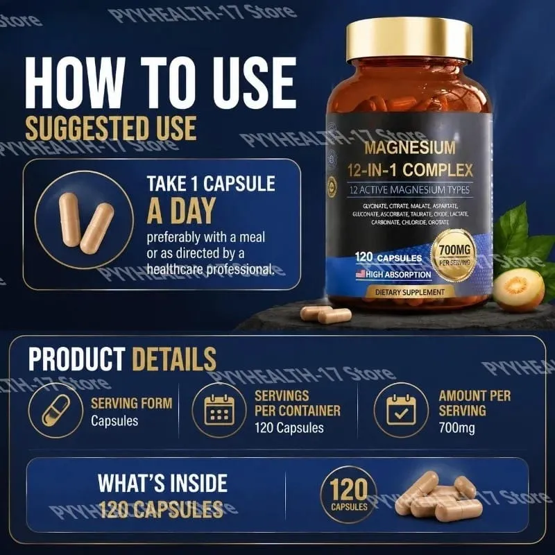 Magnesium 12-In-1 Complex Capsules for Sleep Support and Muscle Relaxation Nervous System & Heart Health 120 Capsules — image 6
