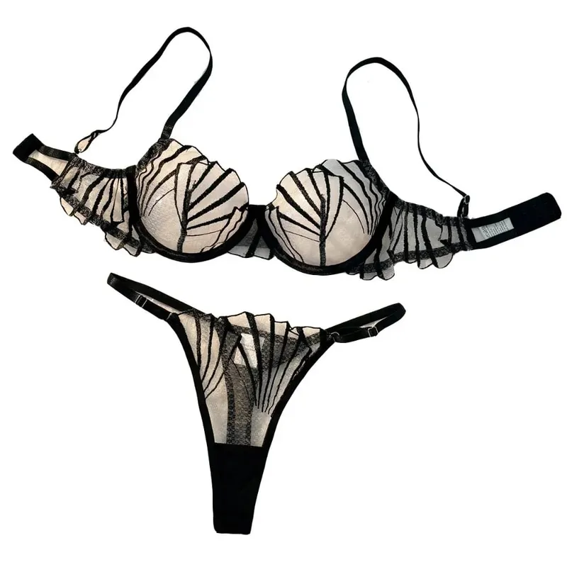 Sexy Women's Bra Set Ultra Thin Breathable Lace Mesh Lingerie Set Comfortable Lightweight Scallop Transparent Lingerie Set