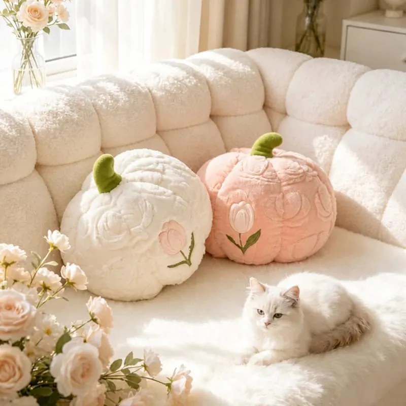 Cute Pumpkin Throw Pillow With Tulip Embroidery Soft Plush Pumpkin Shaped Cushion Pillow For Sofa Living Room Hallowmas Gifts — image 6