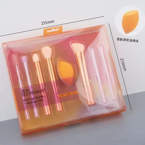 7Pcs R Series Orange Slanted Cut Makeup Brush Set with Beauty Sponge Blender Fluffy Brushes for Foundation Make-up — image 1