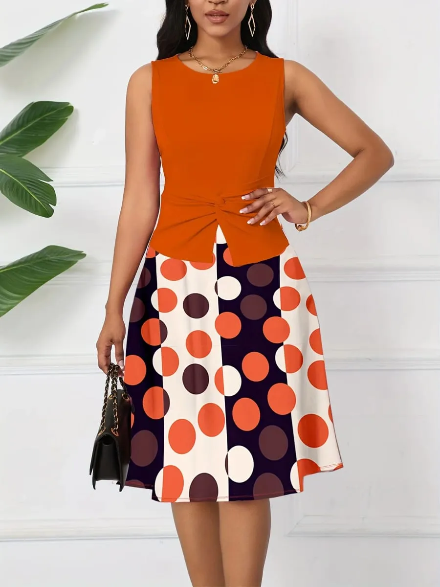 Womens Summer Twist Crew Neck Sleeveless Peplum Polka Dot Patchwork Casual Elegant Fit And Flare Party ALine Swing Dress — image 4