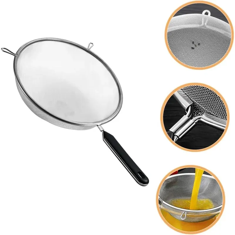 Ergonomic Kitchen Strainer for Christmas Recipes - 12 Inch with Non-Slip Handle & Hook Sturdy Fine Mesh for Draining and Rinsing