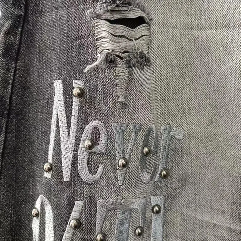 High Street Y2k Ripped Jeans With Embroidered Letters And Beaded Decorations Wide With Pleated Prints Loose Straight Leg Pants — image 5