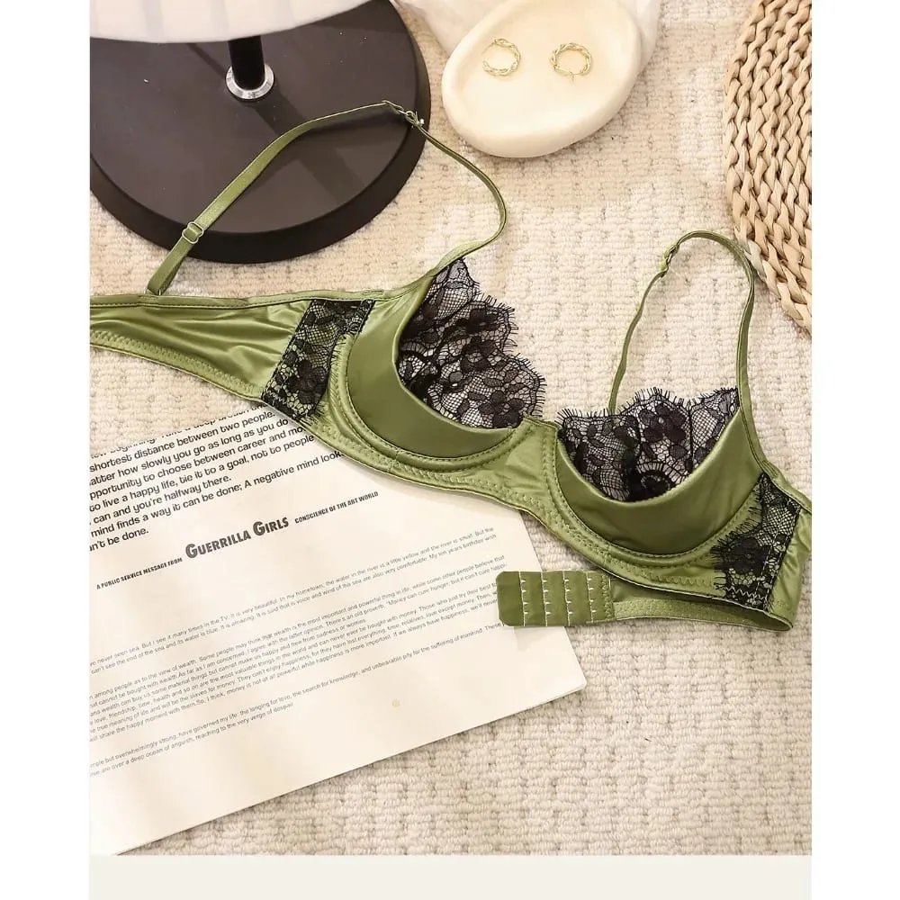 French Lace Half Cup Lingerie Set Green Ultra Thin Sheer Soft Comfortable Underwire Bra For Small Bust Women 32‑38AB — image 5