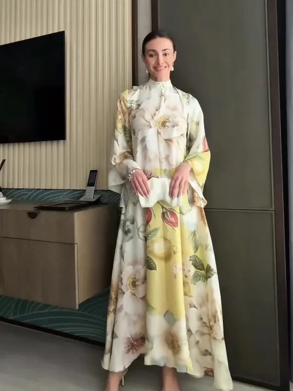 Elegant Floral Printed Women's Dress Stand Collar Full Puff Sleeve A-line Long Dresses 2026 Summer Vacation Party Lady Robes — image 10