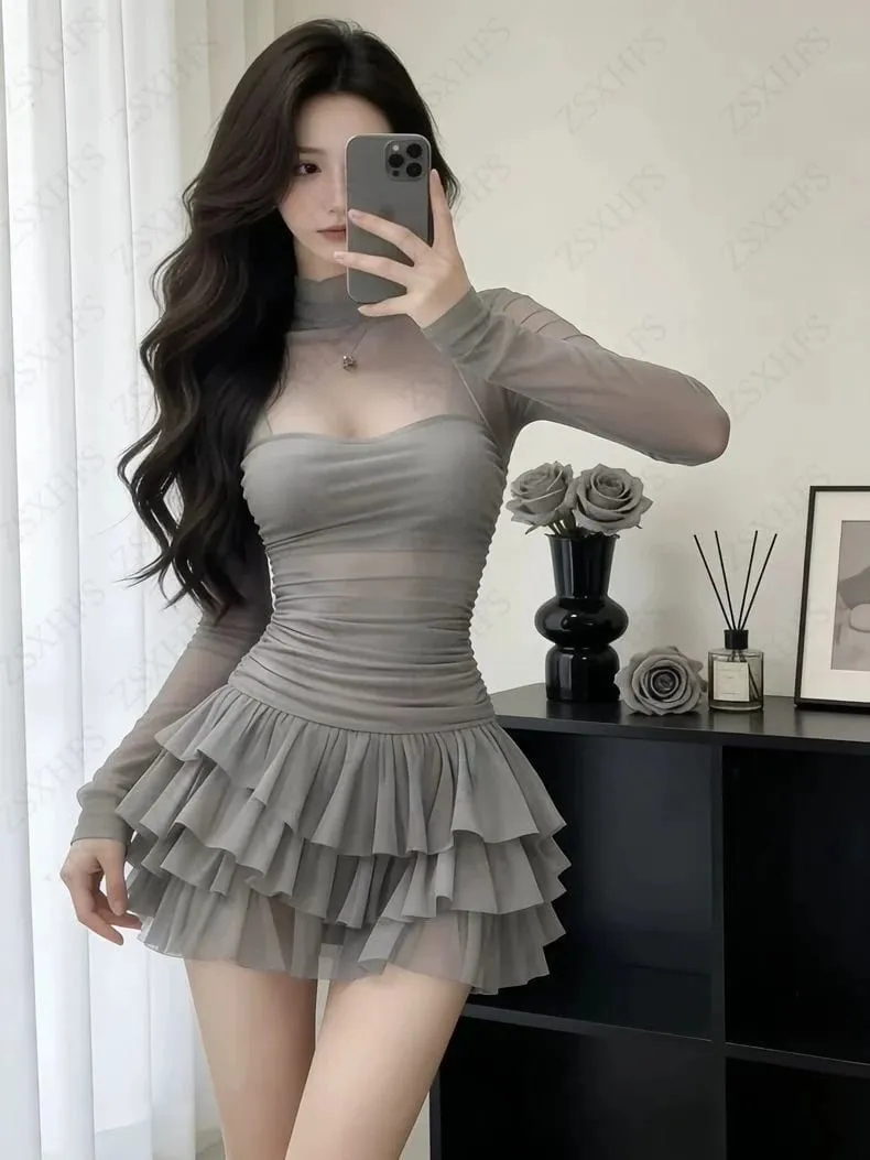Korea Kawaii Sexy Dresses Punk Aesthetic 2000s Summer Sexy Girl Gentle Dress Chiffon Perspective Trendy Slim Tiered Short Dress — image 6