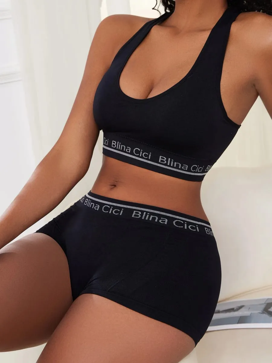 Women's Letter Print 2 Piece Scoop Neck Bra and Mid Rise Boyshort Lingerie Set — image 4